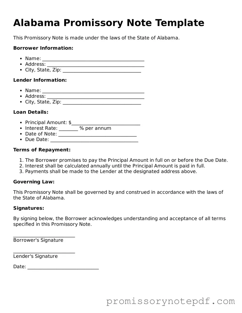 Legal Alabama Promissory Note Form
