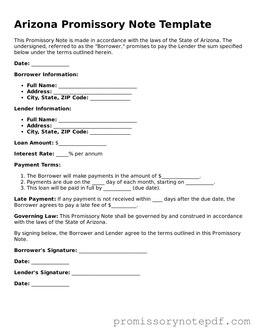 Legal Arizona Promissory Note Form