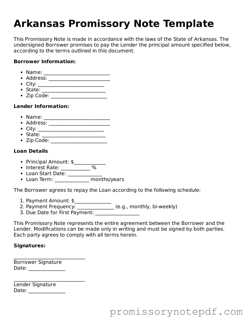 Legal Arkansas Promissory Note Form