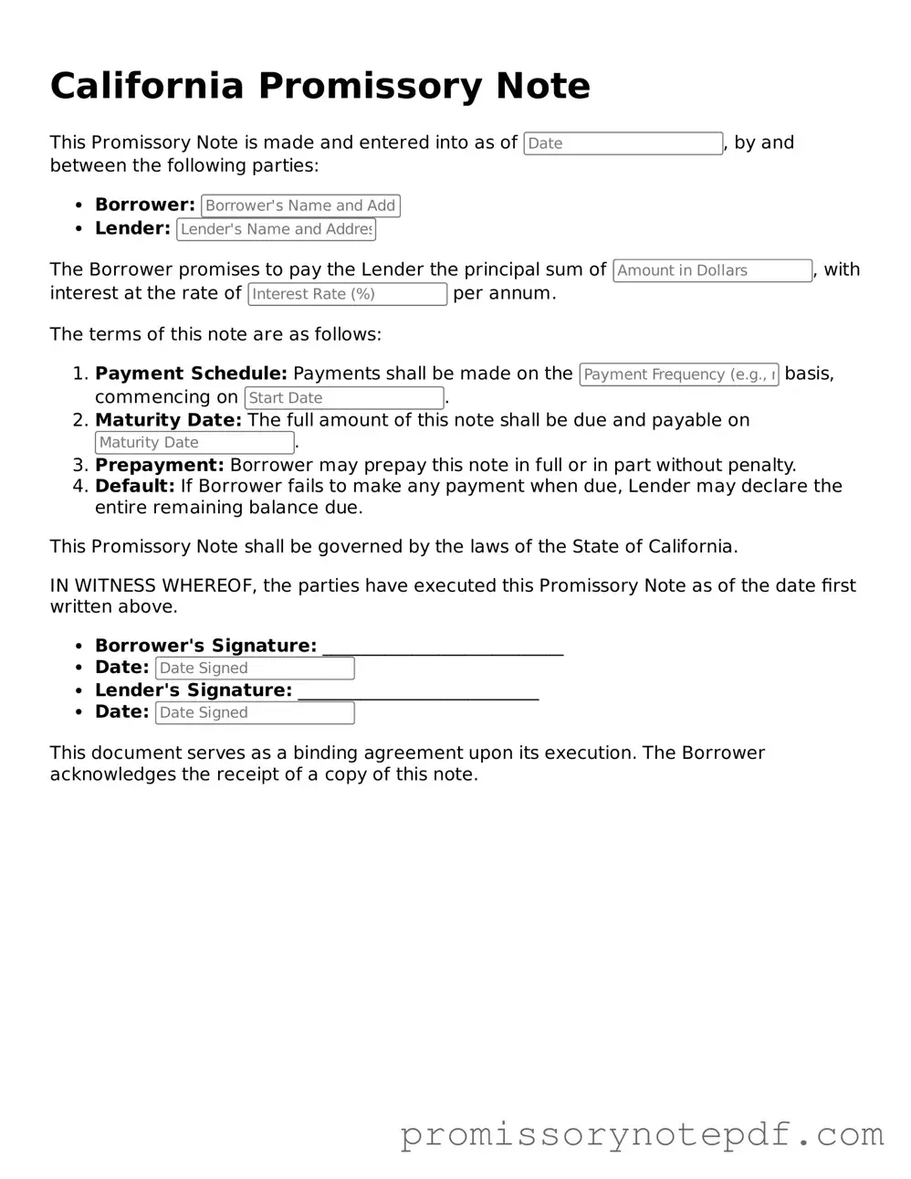 Legal California Promissory Note Form