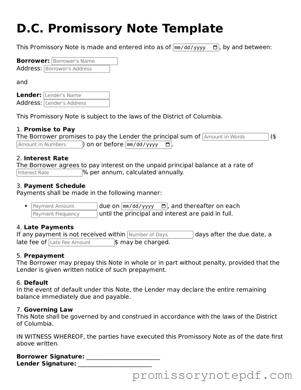 Legal District of Columbia Promissory Note Form