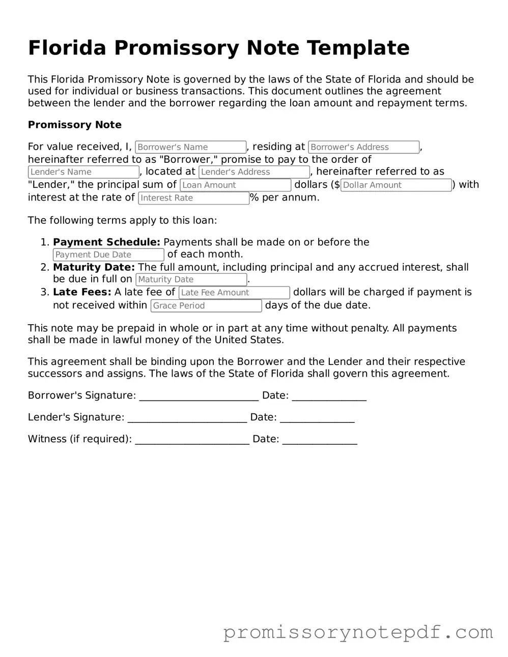 Legal Florida Promissory Note Form
