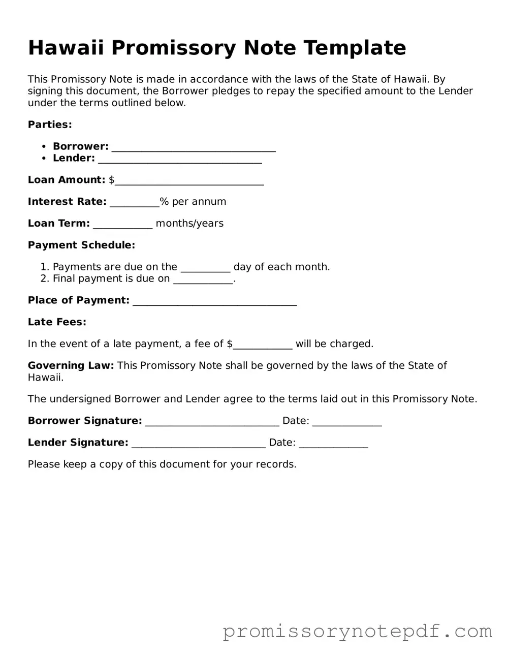 Legal Hawaii Promissory Note Form