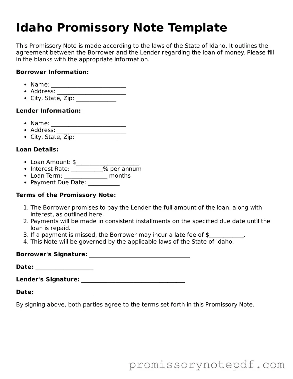 Legal Idaho Promissory Note Form