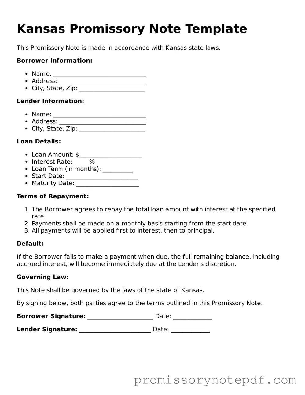 Legal Kansas Promissory Note Form