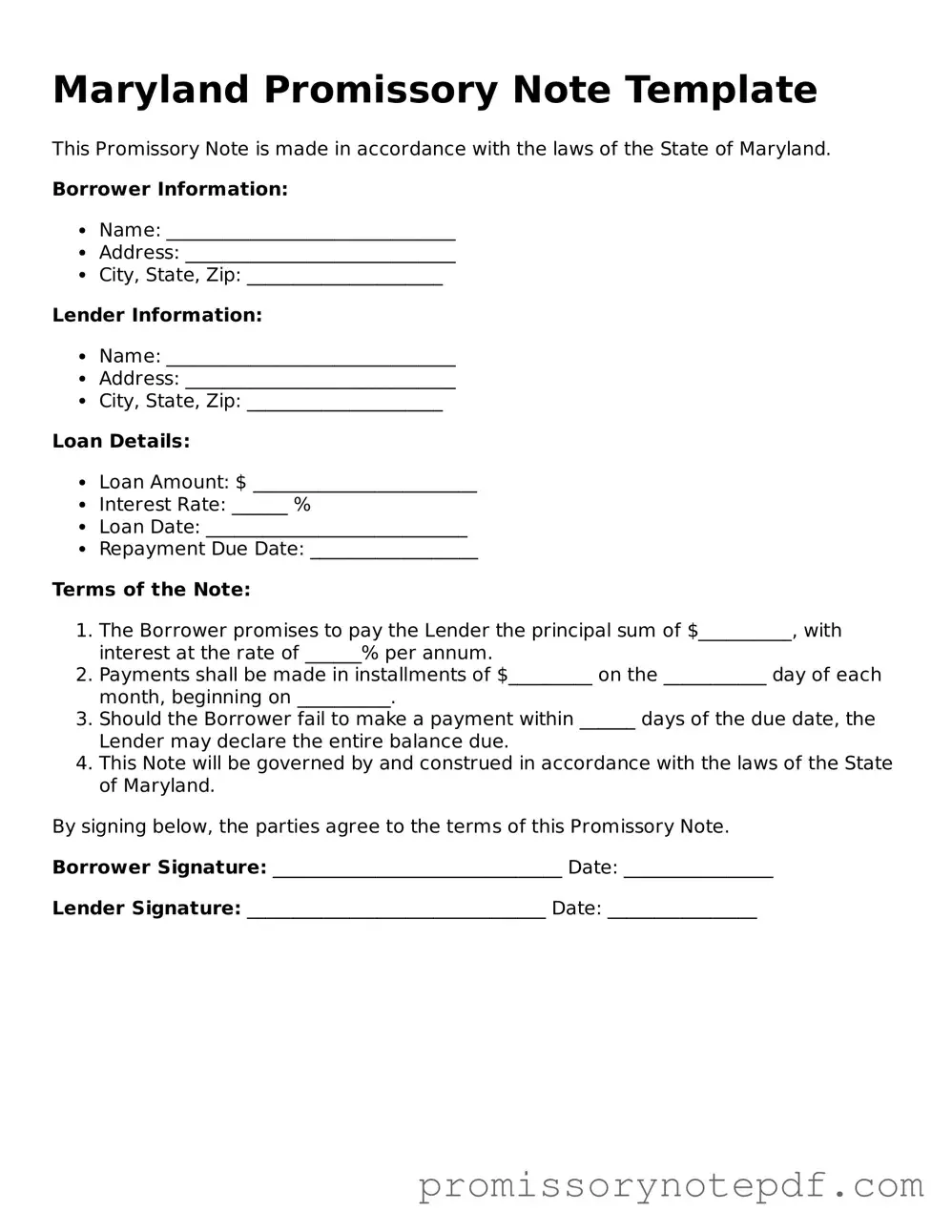 Legal Maryland Promissory Note Form