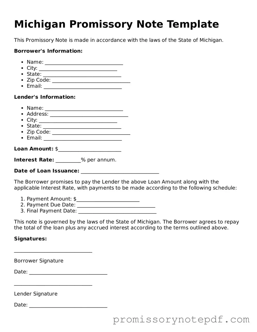 Legal Michigan Promissory Note Form