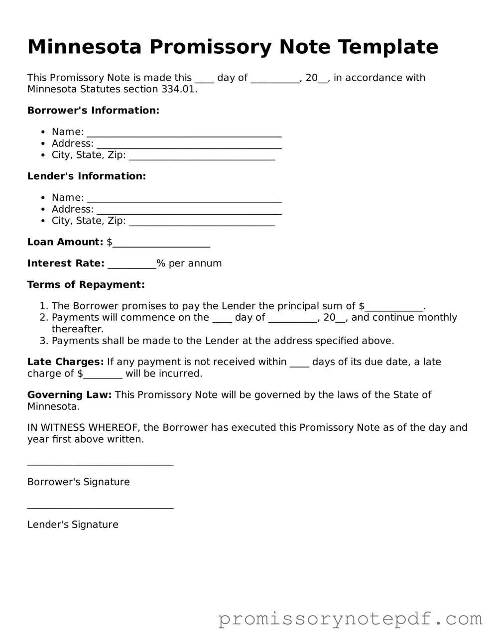 Legal Minnesota Promissory Note Form