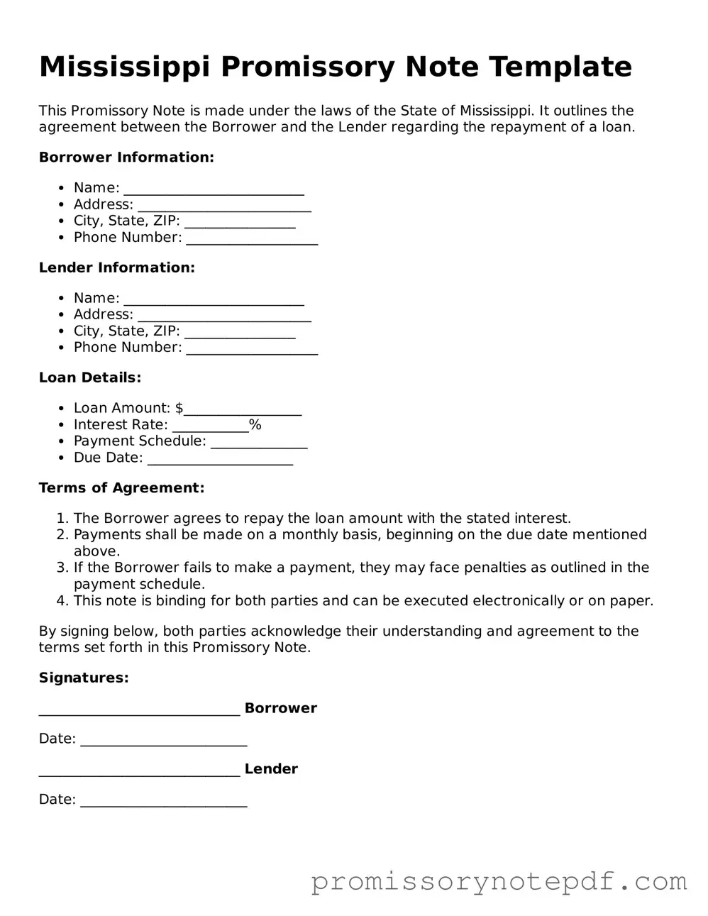 Legal Mississippi Promissory Note Form