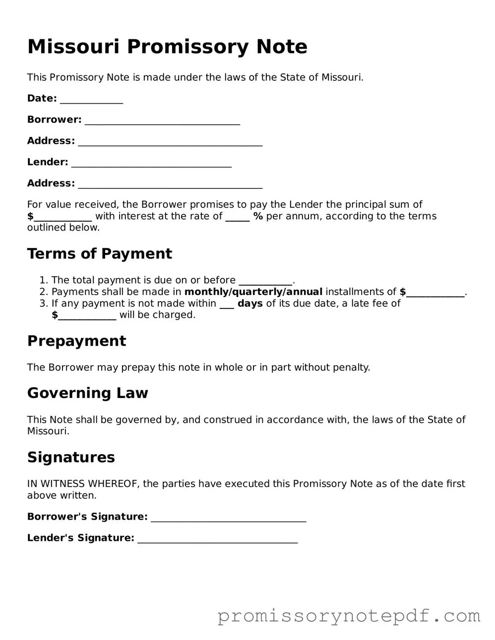 Legal Missouri Promissory Note Form