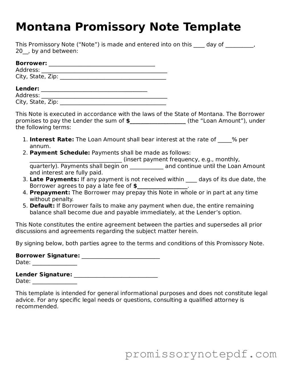 Legal Montana Promissory Note Form