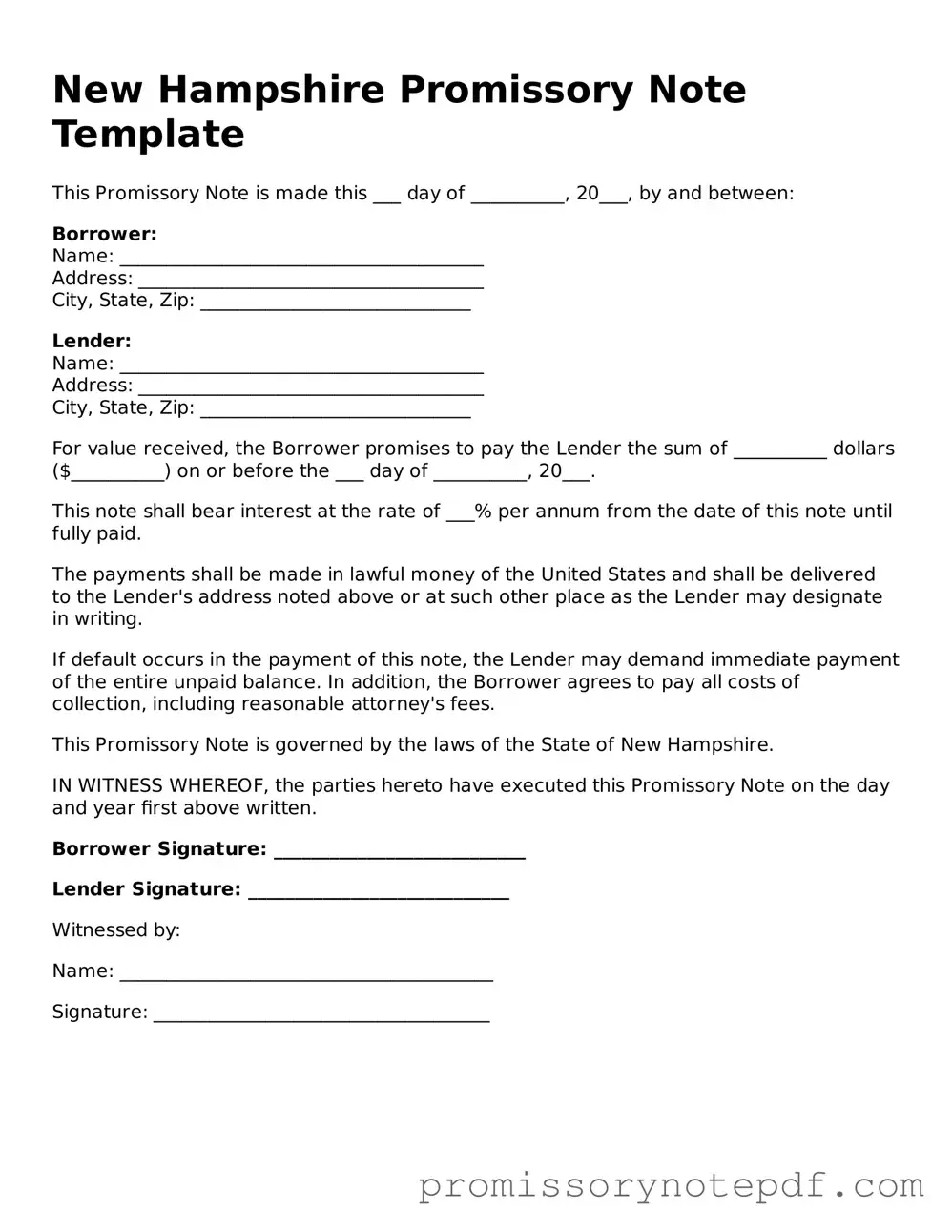 Legal New Hampshire Promissory Note Form