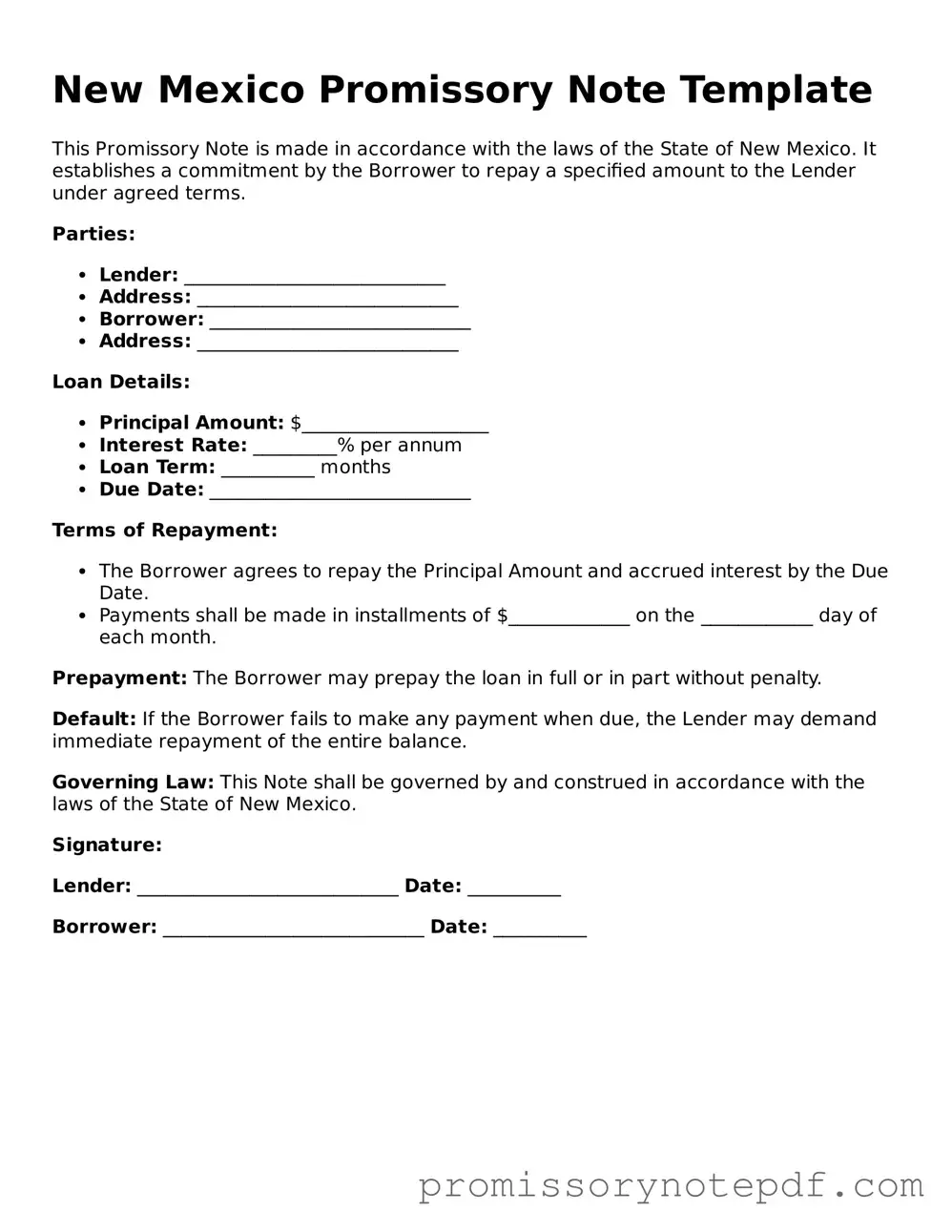Legal New Mexico Promissory Note Form