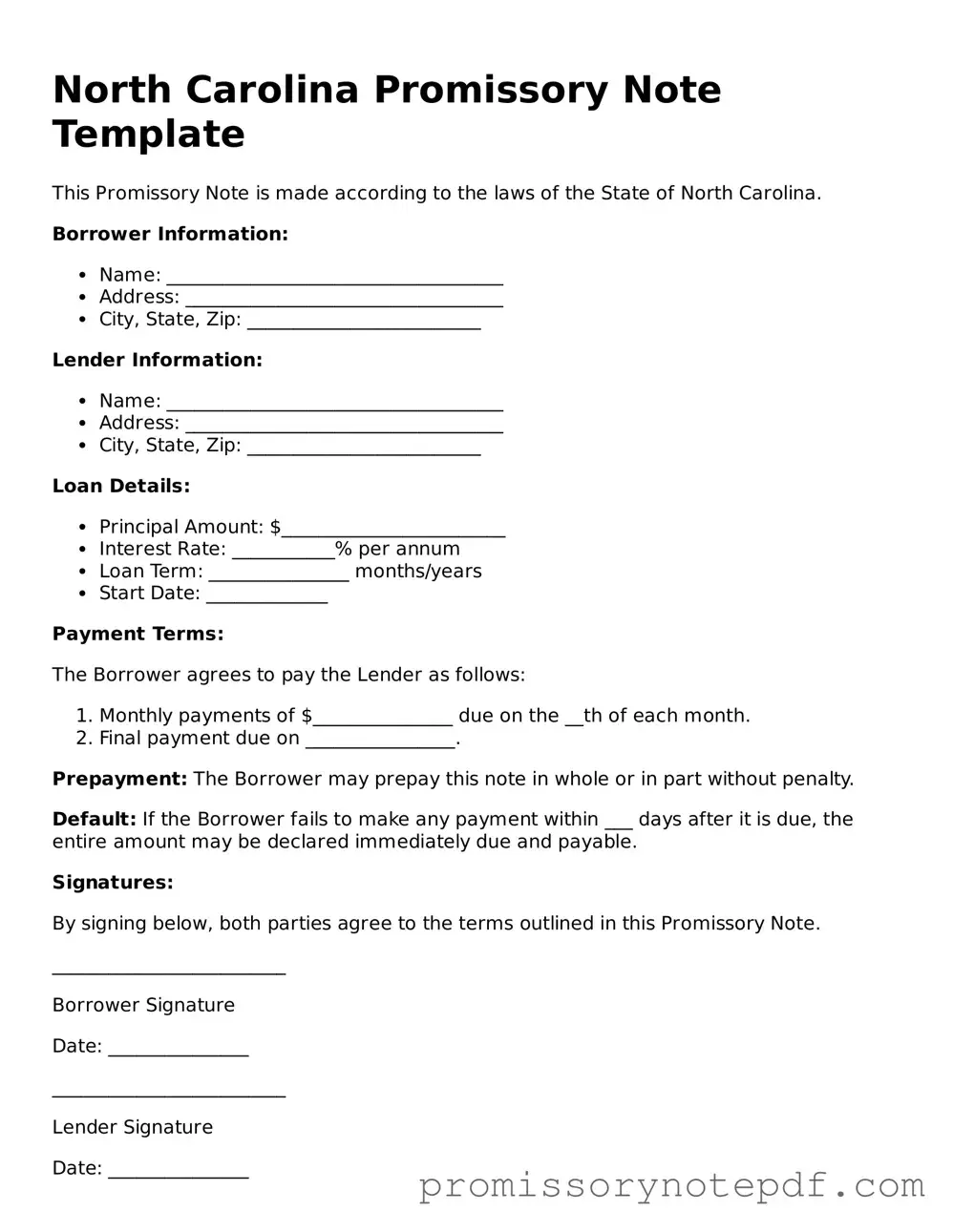 Legal North Carolina Promissory Note Form