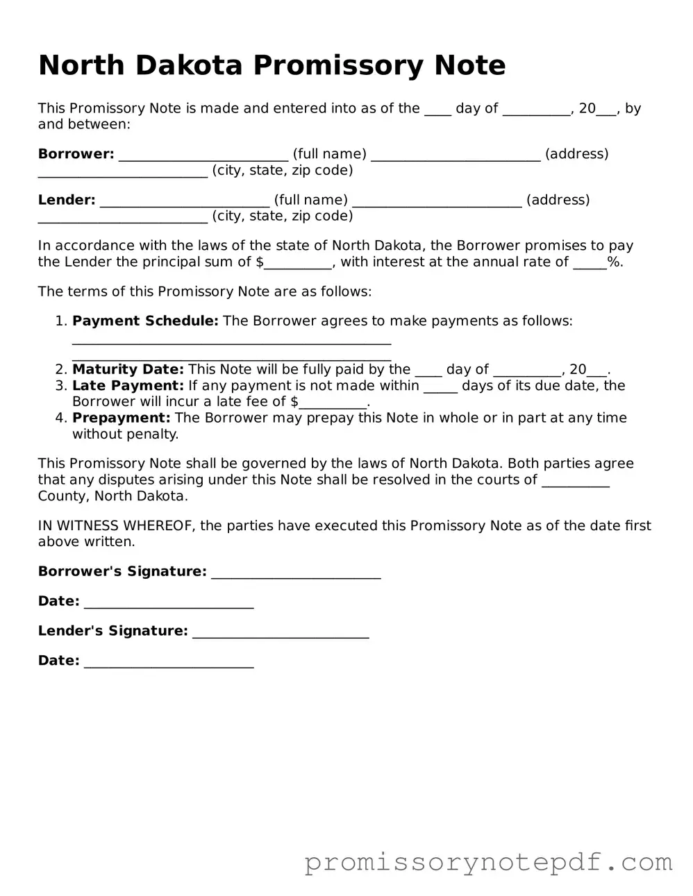 Legal North Dakota Promissory Note Form
