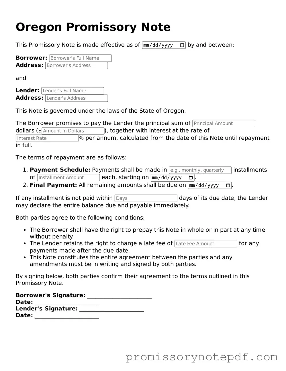Legal Oregon Promissory Note Form