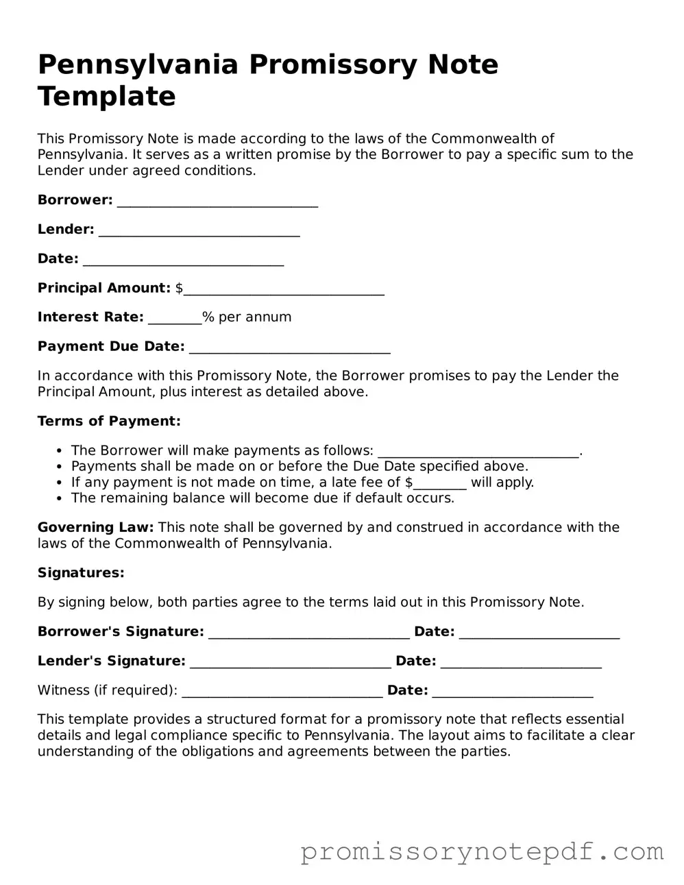 Legal Pennsylvania Promissory Note Form