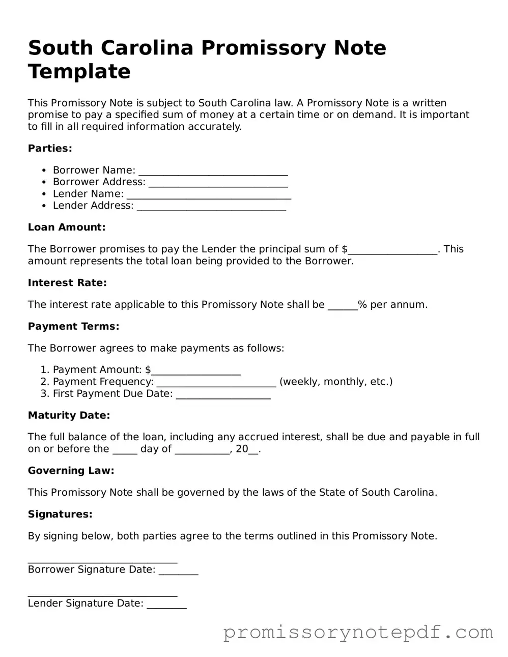 Legal South Carolina Promissory Note Form