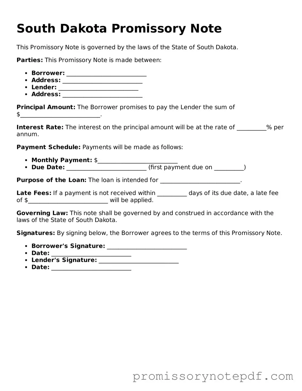 Legal South Dakota Promissory Note Form
