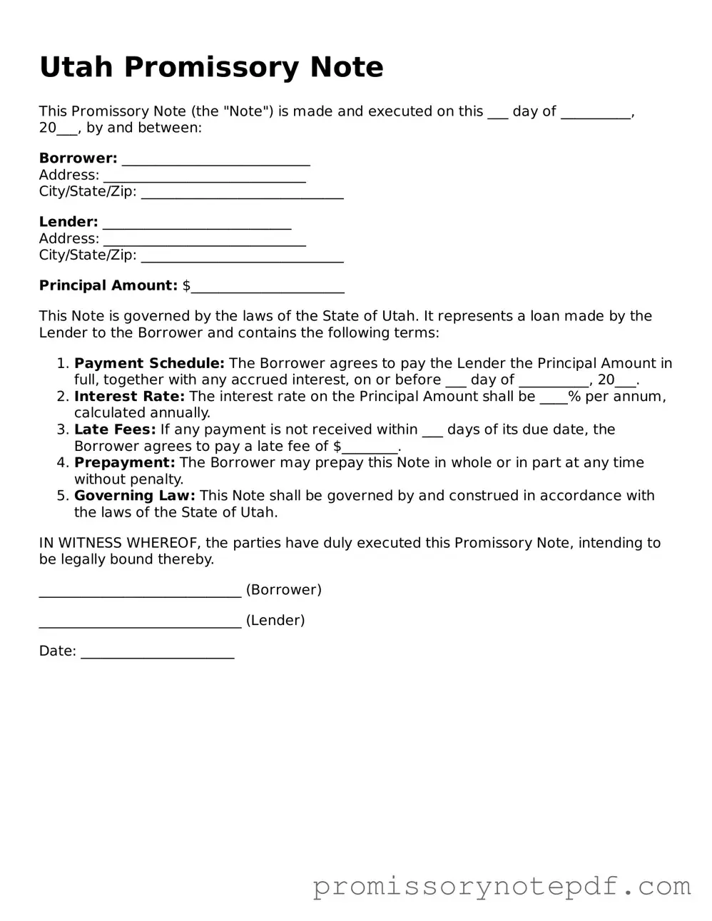 Legal Utah Promissory Note Form