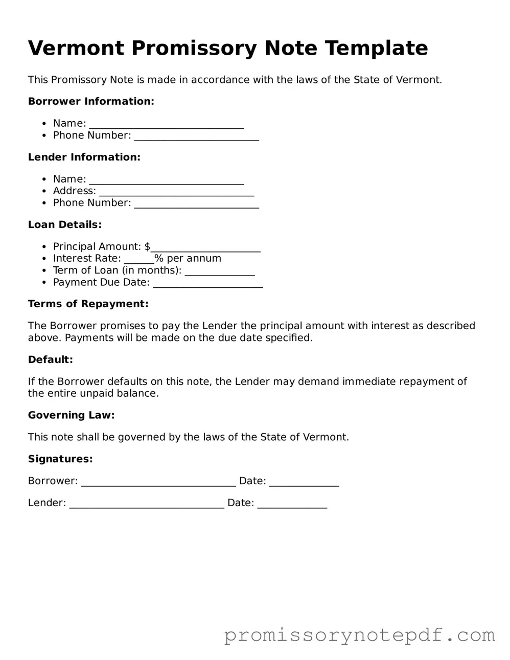 Legal Vermont Promissory Note Form