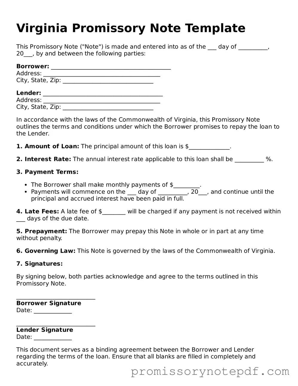 Legal Virginia Promissory Note Form
