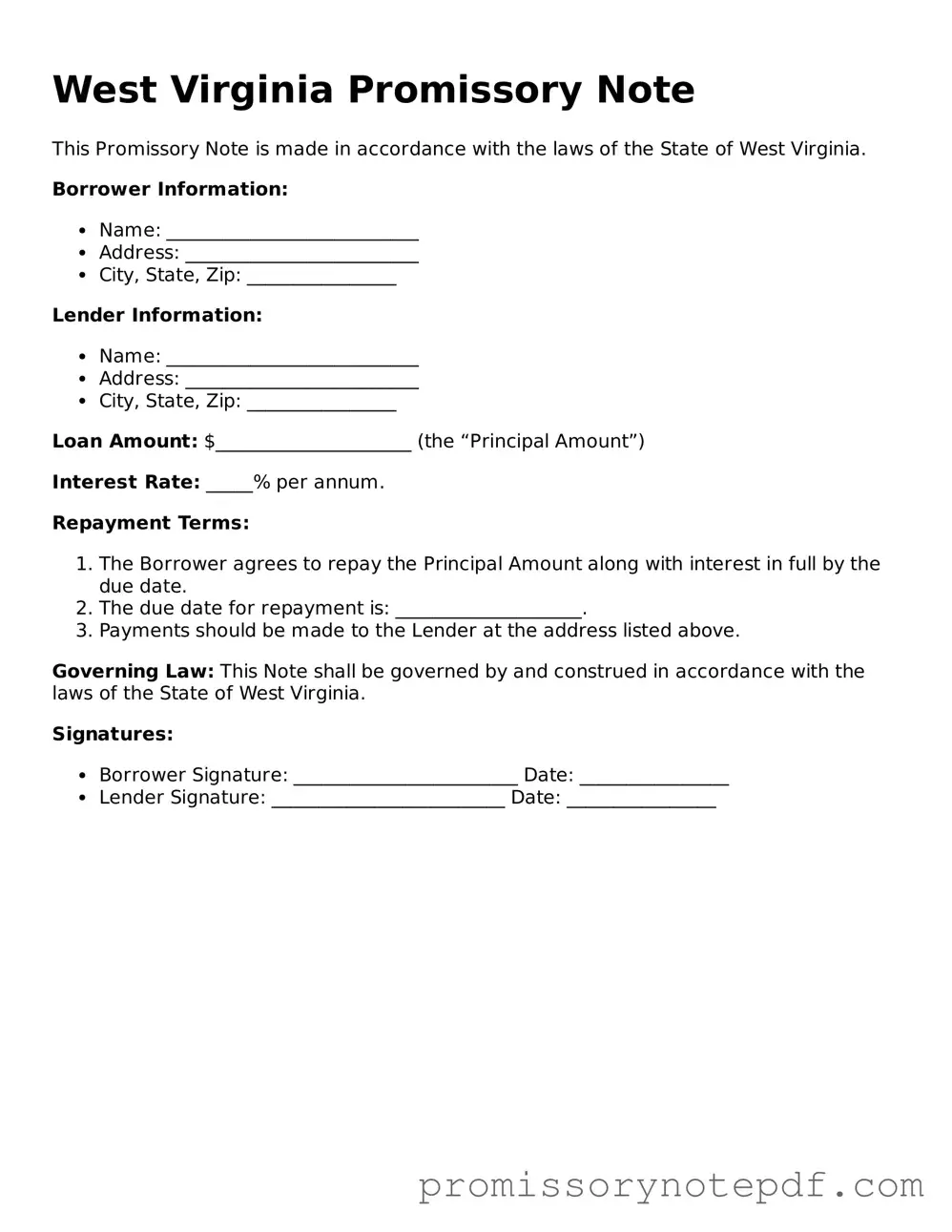 Legal West Virginia Promissory Note Form